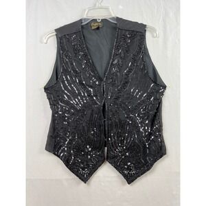 Vintage Mary McFadden Vest Womens M Black Silk Beaded Sequin V-Neck Evening